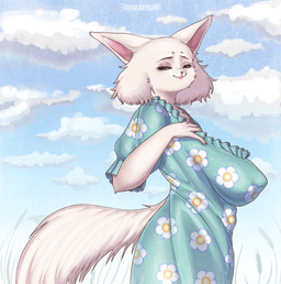 anthro big_breasts blue_clothing breasts clothing dress female flower_ornament fluffy fluffy_tail fur grass hair hand_on_breast narrowed_eyes plant sagging_breasts short_hair sky skyscape slightly_chubby solo standing tail white_body white_fur hikkamun domestic_cat felid feline felis mammal hi_res