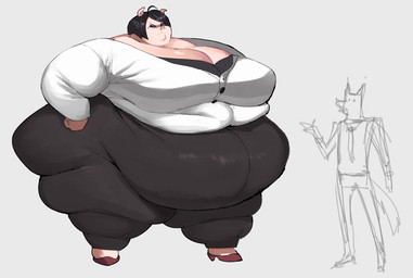 anthro belly big_belly big_breasts big_butt birthmark black_hair breasts butt chubby_cheeks cleavage clothed clothing double_chin duo eyeshadow fat_arms fat_legs female footwear frown hair high_heels huge_belly huge_breasts larger_female makeup markings morbidly_obese morbidly_obese_anthro morbidly_obese_female obese obese_anthro obese_female overweight overweight_anthro overweight_female shoes simple_background size_difference standing white_background fapolantern ms._pig_(fapo) domestic_pig mammal suid suine sus_(pig) hi_res