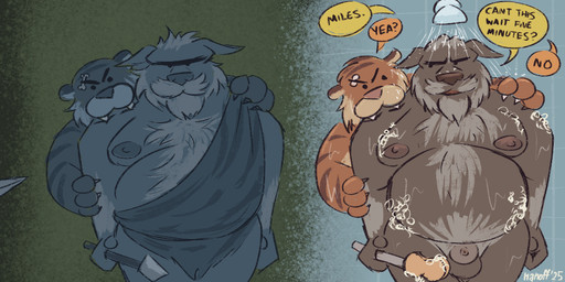 4_panel 5_fingers age_difference annoyed anthro anthro_on_anthro arm_hair asking_to_wait balls barazoku bathing beard bite blue_background body_hair brush canon_couple caveman clothed clothing darkness dialogue duo eyebrow_piercing facial_hair facial_piercing fingers flaccid front_view fur genitals grass green_background grey_beard grey_body grey_body_hair grey_facial_hair grey_fur grey_mustache hand_on_arm hand_on_shoulder hiding hunting image_sequence love_bite low-angle_view lunging male male/male mature_anthro mature_male melee_weapon moobs musclegut muscular muscular_anthro muscular_male mustache nipples nude older_anthro older_male orange_body orange_fur overweight overweight_anthro overweight_male partially_clothed partially_clothed_anthro partially_clothed_male pawpads penis piercing plant polearm roleplay romantic romantic_couple sharp_teeth shoulder_bite shower showering showering_together simple_background spear speech_bubble striped_body striped_fur stripes talking_to_another talking_to_partner teeth text water weapon wet wet_body wet_fur white_body white_fur younger_anthro younger_male nanoff boomer_(nanoff) miles_(nanoff) canid canine canis felid mammal pantherine tiger wolf 2025 comic english_description english_text hi_res long_image wide_image