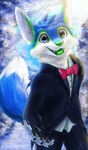 anthro black_clothing blue_body blue_fur blue_sky bow_tie button_(fastener) cheek_tuft claws clothing cloud facial_tuft fluffy fluffy_tail formal_clothing fur green_body green_fur green_tongue hair inner_ear_fluff leaf looking_at_viewer male offering_hand offering_hand_to_viewer open_mouth open_smile pawpads plant sky smile solo suit tail teeth tongue tree tuft white_body white_clothing white_fur corbin_(roscy) canid canine fox mammal absurd_res hi_res portrait