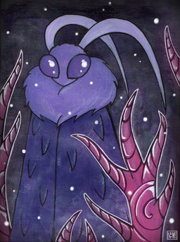 ambiguous_gender antennae_(anatomy) anthro biped clothed clothing fur logo neck_tuft plant purple_body purple_eyes purple_fur solo standing tuft netmors hollow_knight_(franchise) team_cherry seer_(hollow_knight) arthropod insect lepidopteran moth 2020 acrylic_painting_(artwork) artist_logo hi_res painting_(artwork) traditional_media_(artwork) traditional_painting_(artwork)