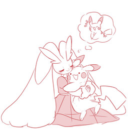 anthro blush cheek_spots clothed clothing dot_eyes dress duo eyebrows eyelashes eyes_closed female feral fingers fluffy_ears hug imagination male mouth_closed open_mouth open_smile paws plushie simple_background simple_eyes smile tail thick_eyebrows white_background piyolondres nintendo pokemon generation_1_pokemon generation_4_pokemon lopunny pikachu pokemon_(species) 2023 hi_res