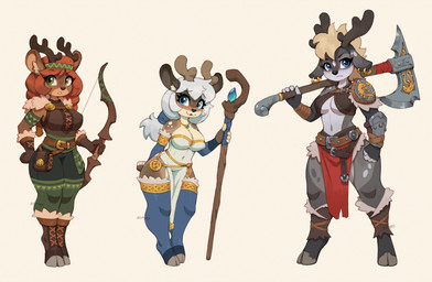 anthro antlers axe barefoot blue_eyes bottomwear bow_(weapon) cane clothing feet female gloves green_eyes group hair handwear holding_object holding_weapon hooves horn loincloth orange_hair ranged_weapon simple_background smile standing trio unguligrade weapon white_background white_hair asimos hi_res