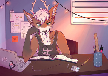 anthro antlers arm_tuft blue_eyes book brown_body brown_fur chair cheek_tuft clothed clothing computer elbow_tuft electronics facial_tuft front_view fur furniture hair horn inner_ear_fluff laptop male mouth_closed on_chair reading reading_book short_hair sitting sitting_on_chair solo string_lights tan_antlers tuft white_body white_fur white_inner_ear_fluff lionfloof
