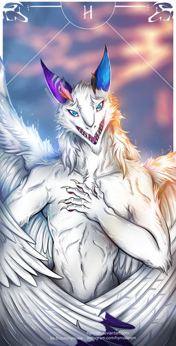 abstract_background angry anthro biceps blue_ears blue_eyes blurred_background fangs feathered_wings feathers fluffy fluffy_hair fluffy_wings hair horror_(theme) looking_at_viewer male male_anthro muscular muscular_anthro muscular_male nature nature_background open_mouth pose purple_ears scary simple_background smile smirk solo teeth text white_body wide_chest wings hynvale mechryan sergal hi_res url