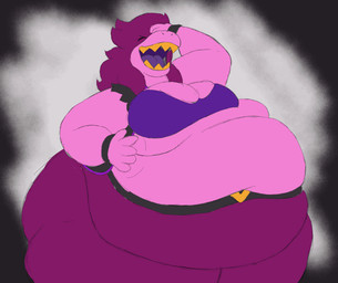 anthro belly belly_overhang belly_rolls big_belly big_breasts big_butt bouncing_breasts breasts butt cleavage cleavage_overflow clothed clothing fat_arms fat_rolls female hair hand_on_belly hand_on_head huge_belly huge_breasts huge_butt huge_thighs hyper hyper_belly hyper_butt ill-fitting_clothing jiggling_belly laugh midriff morbidly_obese morbidly_obese_female obese obese_female overweight overweight_female purple_body sharp_teeth solo teeth thick_thighs paceplusle deltarune undertale_(series) susie_(deltarune) scalie 2026 animated hi_res