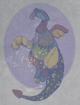 anthro blue_body claws eyes_closed female finger_claws floating green_body grey_background multicolored_body paws pink_body plushie purple_background purple_body red_body simple_background smile solo spade_tail star symbol tail wings yellow_body blushing_yokai mythology animate_inanimate dragon living_plushie mythological_creature mythological_scalie scalie