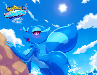 anthro beach big_breasts blue_body blue_skin breasts female heart_symbol looking_at_viewer partially_submerged thick_thighs water walter_sache nintendo pokemon pokemon_winds_and_waves gecqua generation_10_pokemon pokemon_(species) 2026 absurd_res hi_res