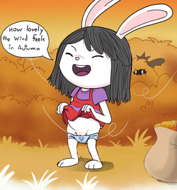anthro autumn bag being_watched clothed clothing clothing_lift dialogue dres dress dress_lift duo female genitals grass leaf looking_at_another open_mouth outside panties plant short smile speech_bubble standing text underwear vulva white_body wind young young_female arevix elinor_wonders_why pbs ari_bat elinor_rabbit lagomorph leporid mammal rabbit english_text hi_res