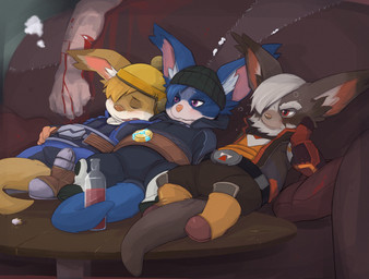 alcohol ambiguous_gender bar belt beverage blood blush bodily_fluids bone clothing drunk eyes_closed fight food gore group hat headgear headwear jumpsuit knocked_out_tooth sleeping substance_intoxication tail teeth thick_tail violence wounded seth-iova wildstar chua human mammal