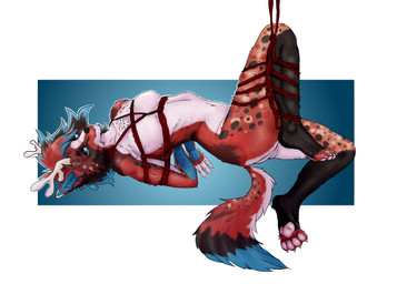 anthro antlers bdsm binder_(restraint) black_body black_fur black_hair black_nose blue_body blue_eyes blue_fur blue_hair bondage bondage_gear bound female fur hair horn pawpads paws red_body red_fur restraints rope rope_bondage rope_harness solo spots white_body white_fur lesventin canid canine deer fox hybrid mammal absurd_res digital_media_(artwork) hi_res