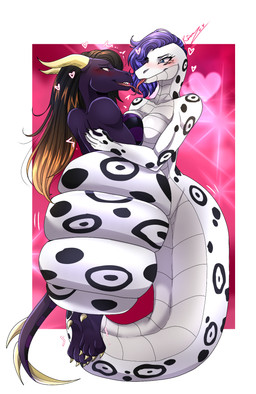 anthro apode big_breasts black_hair black_spots blonde_hair blue_eyes blush breast_squish breasts breasts_frottage coiling dangling_legs duo exposed_breasts female female/female french_kissing hair heart_symbol horn kissing legless long_hair non-mammal_breasts non-mammal_hair purple_body purple_hair red_eyes serpentine spots squish tongue tongue_out white_body keniahoward18 mythology alechia oreo_(kelly) ball_python draconcopode dragon mythological_creature mythological_scalie naga python reptile scalie snake hi_res