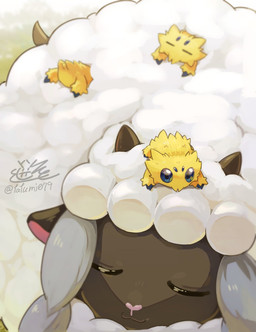 4_eyes ambiguous_gender blue_eyes eyes_closed feral fur group horn multi_eye size_difference tail white_body white_fur white_wool wool_(fur) yellow_body tatumi079 nintendo pokemon arachnid arthropod bovid caprine generation_5_pokemon generation_8_pokemon joltik mammal pokemon_(species) wooloo 2025 hi_res signature