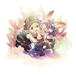 ambiguous_gender armor bare_shoulders black_boots black_clothing black_footwear black_shirt black_topwear blonde_hair blue_bottomwear blue_clothing blue_helmet blue_pants blush blush_stickers bodily_fluids boots bottomwear brown_body brown_clothing brown_eyes brown_fur brown_gloves brown_handwear brown_hat brown_headwear clothing cute_fangs duo eyewear fangs female fluffy fluffy_tail footwear fur glasses gloves green_eyes grey_hair hair handwear hat headgear heads_together headwear helmet jewelry looking_at_viewer necklace open_mouth open_smile pants rabbit_ears shirt shoes simple_background sleeveless_clothing sleeveless_shirt smile sweat tail teeth text topwear whiskers whistle_(object) whistle_around_neck white_background nyan5000 made_in_abyss nanachi riko_(made_in_abyss) lagomorph leporid mammal narehate rabbit 2025 artist_name