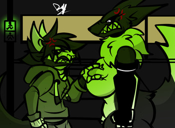 angry anthro bone breast_grab breasts city clothing duo fangs female hand_on_breast handwear latex latex_clothing latex_handwear male male/female semaphore skull skull_head teeth roder_vasquez bandai_namco digimon mythology draco_(roder_vasquez) reny_(r_96) canid digimon_(species) dragon mammal mythological_creature mythological_scalie renamon scalie