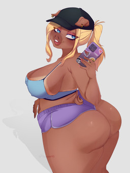 anthro blonde_hair bottomwear brown_body butt butt_focus clothed clothing electronics eyeshadow female hair hat headgear headwear lipstick makeup phone pig_snout selfie shorts solo spaghetti_strap yawuarts domestic_pig mammal suid suine sus_(pig) 3:4 hi_res