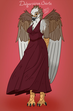 anthro beak biped brown_body brown_feathers claws clothed clothing dress feathered_wings feathers feet female grey_beak hands_behind_back red_clothing red_dress shy simple_background smile solo talons text toes white_body white_feathers wings conditional_dnp midtierburrito borte_(midtierburrito) avian bird falcon falconid saker_falcon digital_media_(artwork) hi_res signature
