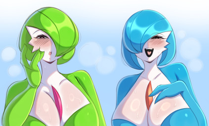 big_breasts blue_body blue_hair blush breasts chest_spike duo eyebrows eyelashes female female_humanoid fingers green_body green_hair hair hair_over_eye heart_pupils heart_symbol open_mouth spikes spikes_(anatomy) tongue white_body saltyxodium nintendo pokemon gardevoir generation_3_pokemon humanoid pokemon_(species) shiny_pokemon 2026 absurd_res hi_res