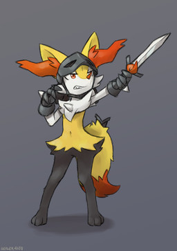 3_fingers 3_toes ambiguous_anthro ambiguous_gender anthro arm_tuft armor biped black_body black_fur bottomless cheek_tuft chest_tuft clawed_gauntlets clenched_teeth clothed clothed_ambiguous clothed_anthro clothing digitigrade dipstick_tail facial_tuft feet fingers fluffy fluffy_tail front_view fur gauntlets gloves grey_background handwear headgear helmet hip_tuft holding_melee_weapon holding_object holding_sword holding_weapon inner_ear_fluff looking_up markings melee_weapon mostly_nude_ambiguous mostly_nude_anthro multicolored_body multicolored_fur navel open_mouth orange_body orange_eyes orange_fur orange_inner_ear_fluff orange_nose orange_tail_tip partially_clothed pointy_ears prick_ears raised_arm shoulder_tuft simple_background solo standing sword tail tail_markings teeth toes topless tuft two_tone_tail weapon white_body white_fur yellow_body yellow_fur yellow_tail sealer4258 nintendo pokemon braixen canid generation_6_pokemon mammal pokemon_(species) 2026 absurd_res colored digital_drawing_(artwork) digital_media_(artwork) full-length_portrait hi_res portrait shaded signature female_(lore)