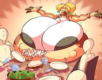 ambiguous_gender anthro areola areola_slip beak big_breasts breasts clothed clothing cutlery female fork furniture group huge_breasts hyper hyper_breasts kitchen_utensils knife male nipples non-mammal_breasts non-mammal_nipples nude plate table tools jaeh avian bird galliform human mammal phasianid turkey hi_res