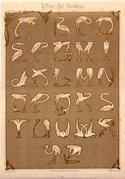 alphabet ambiguous_gender art_nouveau beak feathered_wings feathers feet feral flower group letter long_neck membrane_(anatomy) on_one_leg page_number plant sitting standing text toes typography webbed_feet wings etienne_mulier avian bird flamingo 1901 20th_century ancient_art artist_name english_description french_text restricted_palette traditional_media_(artwork)