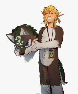 blonde_hair card clothing costume ear_piercing eyes_closed fursuit fursuit_head hair holding_fursuit_head holding_object lanyard male not_furry_wearing_fursuit piercing pointy_ears simple_background smile solo standing tail text white_background twang nintendo the_legend_of_zelda link link_(wolf_form) humanoid hylian 2026 absurd_res artist_name english_text hi_res