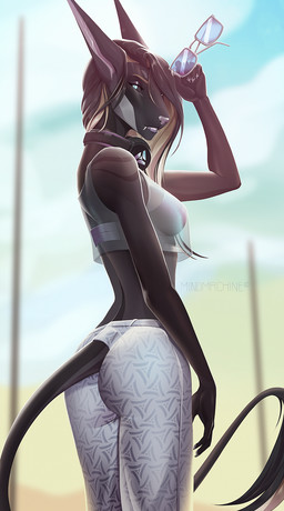 anthro areola biped bottomwear breasts butt claws clothed clothed_anthro clothed_female clothing female fingers furgonomic_bottomwear furgonomic_pants furgonomics hair looking_at_viewer nipples outside rear_view smile solo standing tail teeth mindmachine lauka_(mindmachine) acrador canid canine canis jackal mammal 2026 digital_drawing_(artwork) digital_media_(artwork) hi_res