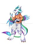 3_fingers 3_toes 4_ears blue_body blue_fur blue_pawpads bodily_fluids bottomwear chest_tuft claws clothing countershading crying cute_fangs dark_sclera digitigrade fangs feathers feet fingers fur green_body green_fur gun holding_object holding_weapon hoodie implied_transformation inner_ear_fluff looking_at_hand looking_at_self male multi_ear orange_clothing orange_hoodie orange_topwear pants pawpads paws pseudo_hair purple_body purple_fur ranged_weapon simple_background solo tail tail_feathers tears teeth text toes topwear torn_bottomwear torn_clothing torn_hoodie torn_pants torn_topwear tuft weapon white_background white_body white_bottomwear white_clothing white_countershading white_fur white_inner_ear_fluff white_pants winged_arms wings yellow_claws apple2338 avali avian absurd_res chinese_text hi_res watermark