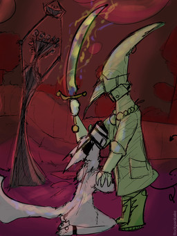 anthro bdsm_gear clothing hand_on_another's_shoulder hand_on_shoulder kneeling magic melee_weapon moon muzzle_(object) muzzled outside plant ritual ritual_sacrifice standing sword text tree weapon white_body rockpankake boy_kisser_(rockpankake) roi_(rockpankake) yes!_(rockpankake) canid canine mammal miteling 2026 3:4 digital_media_(artwork) english_text hi_res
