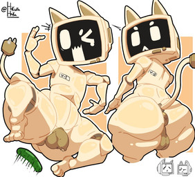 anthro anus backsack balls big_butt bottom_heavy butt computer cucumber electronics femboy food fruit genitals looking_back male open_mouth penis perineum plant screen screen_face small_penis solo tail teapot_(body_type) thick_thighs white_body wide_hips karikhuri domestic_cat felid feline felis mammal robot_anthro 2025 english_description
