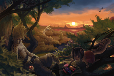 anthro belt blonde_hair blurred_foreground bottomwear brown_body brown_skin clothing female feral food forest fruit fur group hair kemono long_hair looking_away male markings multicolored_body multicolored_fur orange_body orange_fur plant shorts spots spotted_body spotted_fur sunset tree wings motipiyo albanox_(character) maroko_(character) valser_(character) avian bird cheetah felid feline humanoid mammal rodent sciurid tree_squirrel winged_humanoid 3:2