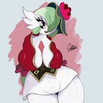 anthro big_breasts bodily_fluids breasts clothed clothing erect_nipples female hair nipples not_furry red_eyes simple_background solo sweat sweatdrop sweaty_breasts sweaty_legs sweaty_thighs wide_hips eddiebrije nintendo pokemon gardevoir generation_3_pokemon pokemon_(species) 1:1 absurd_res hi_res