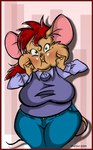 anthro belly blush bottomwear clothing denim denim_bottomwear denim_clothing dress_shirt female green_eyes hair jeans markings mole_(marking) pants puffed_cheeks red_hair shirt slightly_chubby slightly_chubby_anthro slightly_chubby_female solo thick_thighs topwear dutch_(artist) misty_the_mouse misty_(dutch) mammal mouse murid murine rodent 2014 digital_media_(artwork)