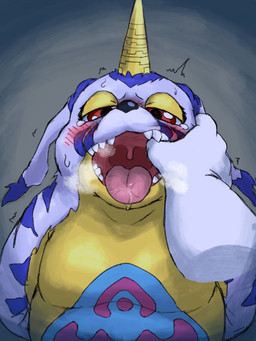 animal_skin anthro belly belly_markings blush bodily_fluids disembodied_hand drooling duo fur horn male markings moobs mouth_play mouth_shot open_mouth overweight saliva striped_body striped_fur stripes tongue uvula reddo12340 bandai_namco digimon digimon_(species) gabumon 3:4 hi_res