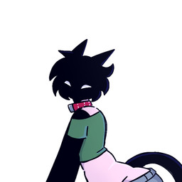 anthro arched_back belly black_body black_fur black_hair bottomwear cat_tail clothing collar female fur green_clothing green_shirt green_topwear hair red_collar shirt short_hair shorts side_view slightly_chubby small_waist solo tail topwear turry likogoat domestic_cat felid feline felis mammal sleep_paralysis_demon void_monster 1:1 2025 digital_drawing_(artwork) digital_media_(artwork) shaded