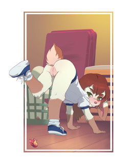 anthro bottomless bottomless_female buckteeth butt clothed clothing exercise female footwear genitals green_eyes leg_markings loli looking_at_viewer markings presenting presenting_hindquarters presenting_vulva scut_tail shirt shoes short_tail sneakers socks_(marking) solo t-shirt tail teeth topwear vulva young young_female reddishfox juliet_(jeffycottonbun) lagomorph leporid mammal rabbit absurd_res hi_res