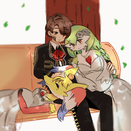 3_fingers accessory ahoge anniversary anthro armwear beads bench braided_hair breasts bridal_gauntlets brown_eyes brown_hair caressing_head cleavage clothed clothing digit_ring dress ear_piercing ear_ring eyes_closed facial_hair facial_scar falling_leaves female fingers flower flower_in_hair fur green_hair group hair hair_accessory hand_on_belly head_on_lap heart_ahoge heart_necklace husband_and_wife_and_wife jewelry lap_pillow male mariachi mariachi_suit markings mole_(marking) mole_on_breast mole_under_eye multiple_pregnancies on_lap piercing plant prayer_beads pregnant pregnant_female ring ring_piercing rosary sandwiched scar sleeping trio wedding_ring white_clothing white_dress yellow_body yellow_fur rosse_chan nintendo pokemon isabel_(atomic417) salvador_(atomic417) soledad_(atomic417) delphox gardevoir generation_3_pokemon generation_6_pokemon human humanoid mammal pokemon_(species) 2023 hi_res signature