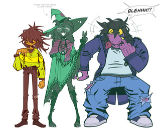2_horns ambiguous_gender ambiguous_human anthro armwear belt black_armwear black_body black_clothing black_fur black_hair black_legwear blue_bottomwear blue_clothing blue_pants bottomwear brown_bottomwear brown_clothing brown_hair brown_pants clothing collar denim denim_bottomwear denim_clothing directional_arrow ear_piercing eyewear female femboy fist footwear freckles front_view fur gesture glasses green_clothing green_hat green_headwear green_robe green_shirt green_topwear group hair hair_over_eyes hand_gesture hat headgear headwear horn jacket jeans legwear male middle_finger mouth_closed open_mouth pants piercing pink_scarf poncho purple_body purple_clothing purple_jacket purple_scales purple_topwear ring robe round_glasses scales scarf shirt shoes simple_background standing text tongue tongue_out topwear torn_clothing torn_legwear trio v_sign wearing_glasses white_background white_clothing white_shirt white_topwear wizard_hat xexeezy deltarune undertale_(series) kris_dreemurr ralsei susie_(deltarune) bovid caprine goat human lizard mammal reptile scalie 2025 digital_media_(artwork) english_description english_text hi_res