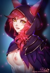 areola breasts cloak clothing facial_markings facial_piercing feathers female hair head_markings heart_symbol hood long_ears long_hair markings nipples nose_piercing nose_ring piercing purple_body purple_feathers red_hair ring_piercing simple_background smile solo text yellow_eyes pinkladymage league_of_legends riot_games tencent xayah_(lol) animal_humanoid avian avian_humanoid bird humanoid mammal vastaya 2017 url