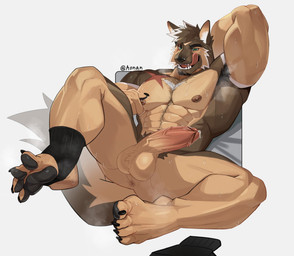 abs anthro anus armpit_hair armpit_musk balls barazoku biceps black_clothing black_footwear black_pawpads black_socks bodily_fluids body_hair chest_hair clothing erection footwear foreskin genital_fluids genitals glans hand_behind_head licking licking_lips male muscular muscular_male nipple_fetish nipple_pinch nipple_play nipples nude pawpads pecs penis pinch pinching_own_nipple precum pubes reclining retracted_foreskin scar socks solo spread_legs spreading stirrup_socks sweat sweaty_armpit tongue tongue_out vein veiny_penis aonan_south canid canine canis domestic_dog mammal hi_res signature