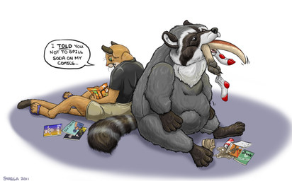 ambiguous_gender anthro comic_book group male plushie same_size_vore semi-anthro struggling struggling_prey trio unwilling_prey vore strega animate_inanimate cougar felid feline kangaroo living_plushie macropod mammal marsupial procyonid raccoon