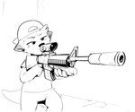 2022 aiming anthro backwards_hat black_nose chester_the_otter clothing gun hat headgear headwear male mammal monochrome mustelid otter ranged_weapon reaction_image rifle shirt simple_background sketch solo standing topwear twang weapon