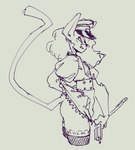 anthro bdsm_outfit bottomwear butt cat_tail clothed clothing clothing_lift female fishnet_clothing narrowed_eyes police police_hat poofy_hair skirt skirt_lift slim solo squint whip elicazzz eli_(elicazz) felid feline mammal nonbinary_(lore)