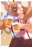 alcohol anthro arm_around_shoulders beer beverage blush clothing duo human_on_anthro interspecies kissing lederhosen male male/male muscular muscular_anthro muscular_male necktie open_mouth overalls romantic romantic_couple shirt topwear sawch_cls canid canine canis domestic_dog german_shepherd herding_dog human mammal pastoral_dog hi_res