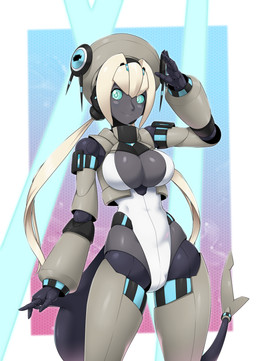 5_fingers abstract_background big_breasts black_clothing black_tail blonde_hair blue_eyes blue_sclera breasts clothing female fingers grey_body grey_breasts grey_clothing grey_skin hair looking_at_viewer machine multicolored_body multicolored_clothing not_furry smile solo standing tail white_clothing yuuyatails android humanoid robot robot_humanoid absurd_res digital_media_(artwork) hi_res