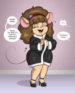 4_fingers accessory anthro bathrobe big_breasts big_hair black_bathrobe black_clothing black_footwear black_high_heels black_robe breasts brown_hair buckteeth clothing dialogue eyelashes eyes_closed female fingers footwear front_view fur hair hair_accessory hairband high_heels huge_breasts mature_female open_mouth open_smile pink_nose ring robe shoes smile solo speech_bubble tan_body tan_fur teeth text thick_thighs wide_hips doc.b gwen_geek emma_martin mammal mouse murid murine rodent absurd_res english_text hi_res