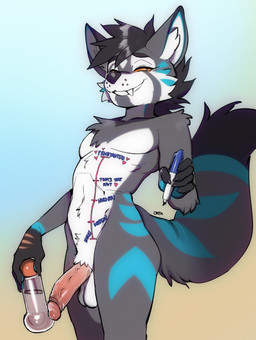 anthro balls black_hair black_nose black_tail_tip blue_background blue_markings body_writing bong chest_tuft dipstick_tail drugs erection featureless_chest fluffy fluffy_hair fur genitals graded_belly gradient_background grey_body grey_fur hair heart_symbol holding_bong holding_marker holding_object humanoid_genitalia humanoid_hands humanoid_penis inner_ear_fluff looking_at_viewer male marker markings medium_hair navel nude_anthro nude_male penis simple_background smile smiling_at_viewer snaggle_tooth solo tail tail_markings text tuft vein veiny_penis white_body white_fur white_inner_ear white_inner_ear_fluff writing_on_belly writing_on_chest yellow_background doxy canid canine canis domestic_dog mammal absurd_res english_text hi_res