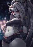 anthro blurred_background bottomwear clothing collar crop_top female frown fur grey_body grey_fur hands_behind_back panties pouting red_eyes shirt shorts solo spiked_collar spikes thick_thighs thong topwear underwear white_body white_fur axxxel helluva_boss mythology loona_(helluva_boss) canid canid_demon canine canis demon hellhound mammal mythological_canine mythological_creature wolf hi_res