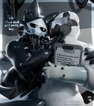 anthro black_body black_sclera black_tongue dialogue duo gas_mask hazmat_suit male male/male mask text tongue tongue_out vinoveto changed_(video_game) puro_(changed) canid canine canis goo_creature mammal wolf 2024 3d_(artwork) digital_media_(artwork) english_text hi_res
