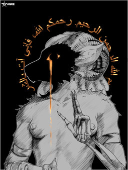 anthro black_head bodily_fluids bone breasts dreadlocks female gold_(metal) nipple_piercing nipples piercing skeleton small_breasts solo tears text torso_shot tyunre ombrelune nafisa_vharr_antrelys bovid caprine mammal 3:4 arabic_text black_and_white hi_res line_art monochrome sketch